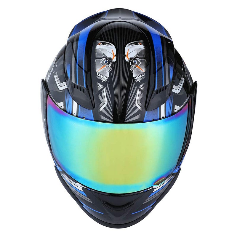 1Storm Motorcycle Bike Full FACE Helmet Mechanic Skull - Tinted Visor Blue - Image 5